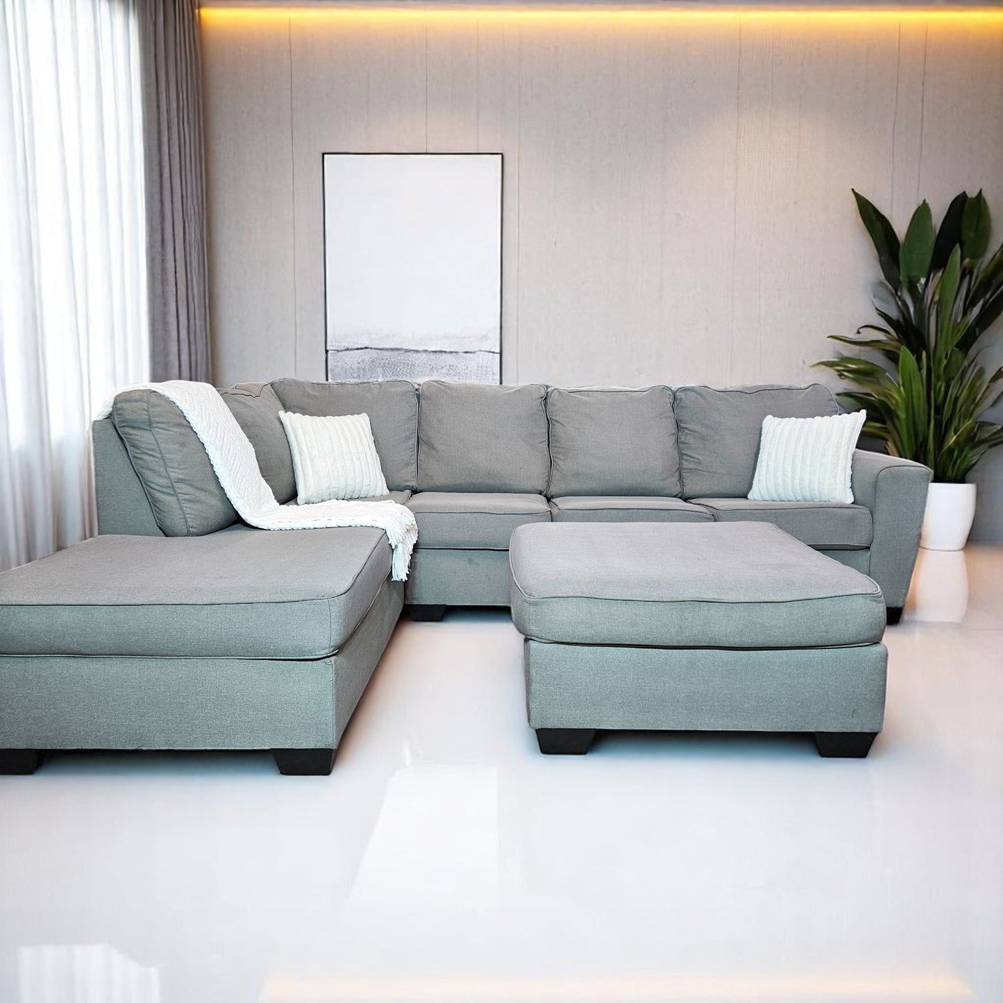 Ashleys Medium Gray Fabric Sectional L Shape + Ottoman