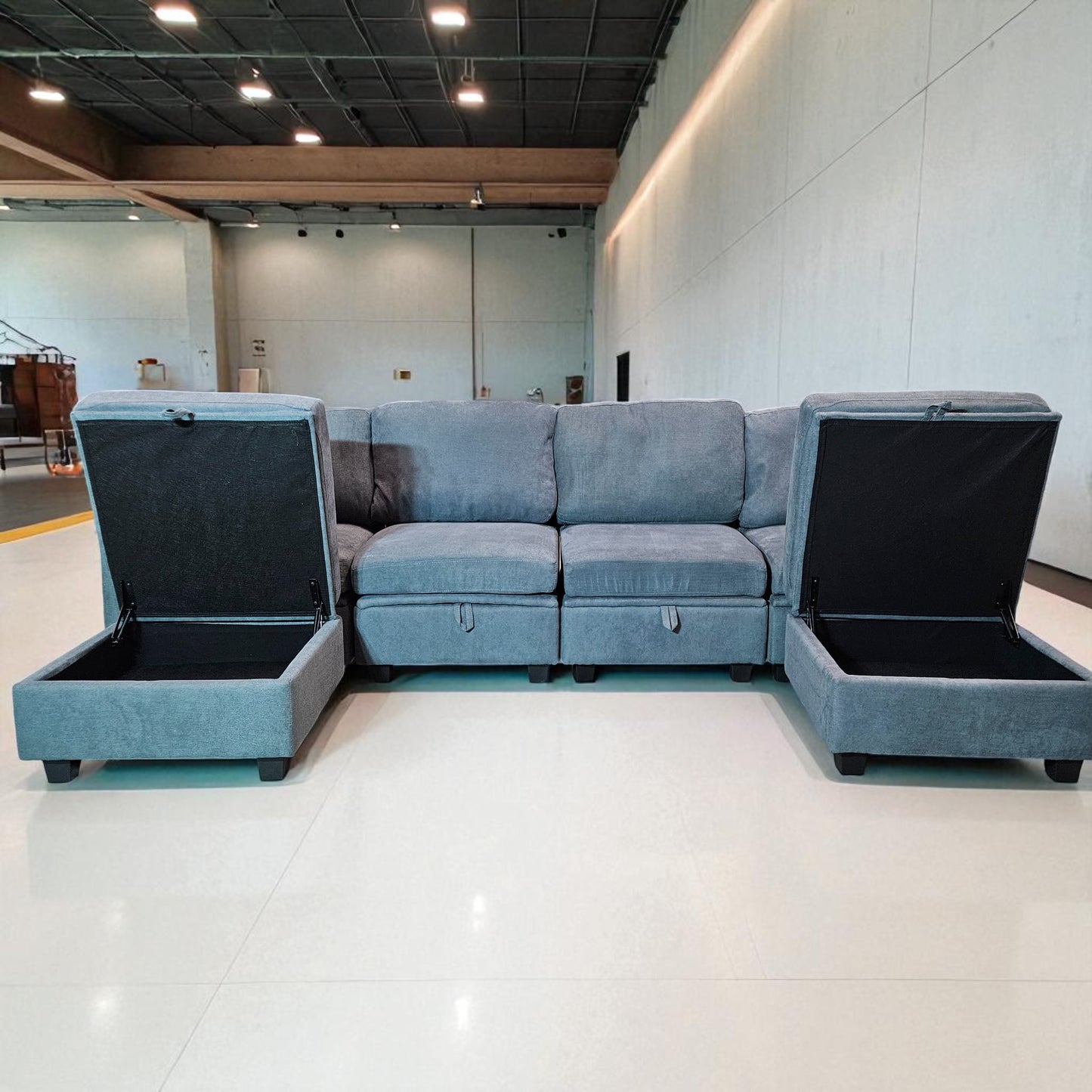 Blue/Gray Modular Sectional + 2 Storage Ottomans