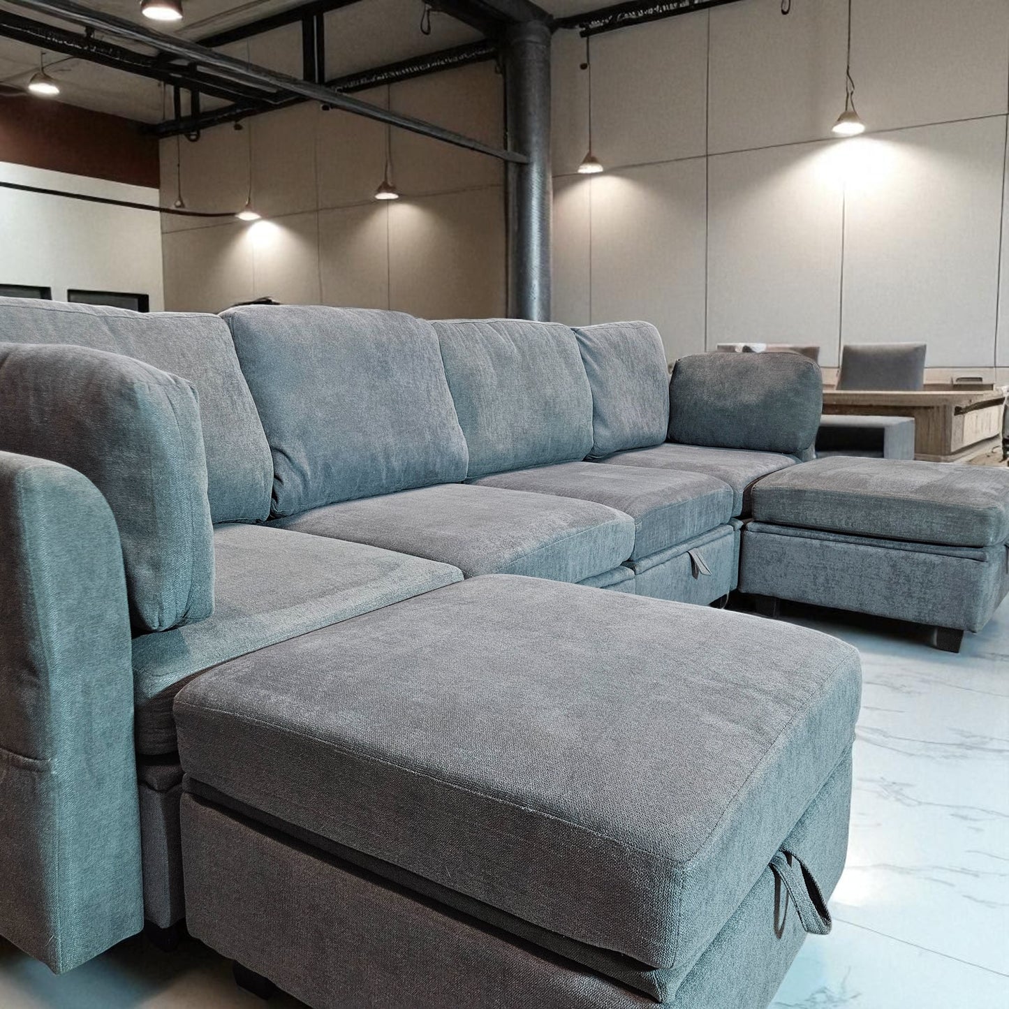 Blue/Gray Modular Sectional + 2 Storage Ottomans