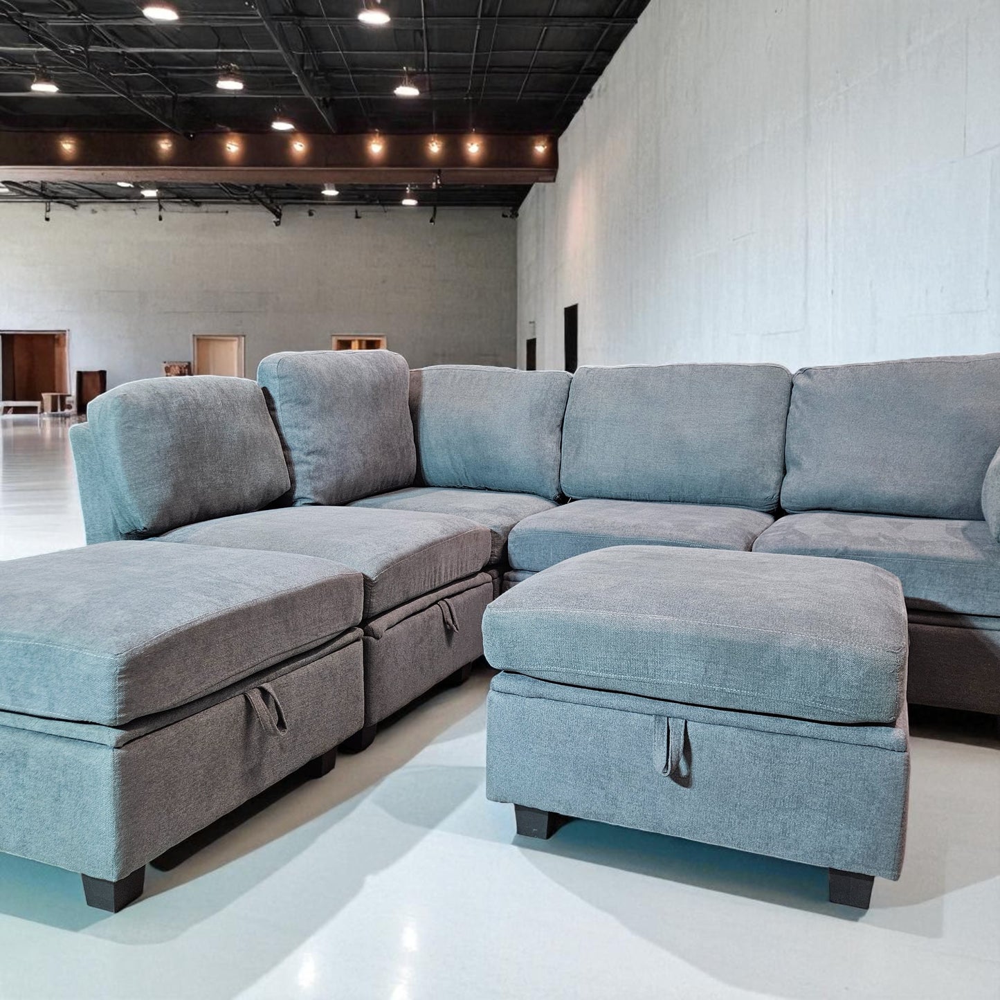 Blue/Gray Modular Sectional + 2 Storage Ottomans
