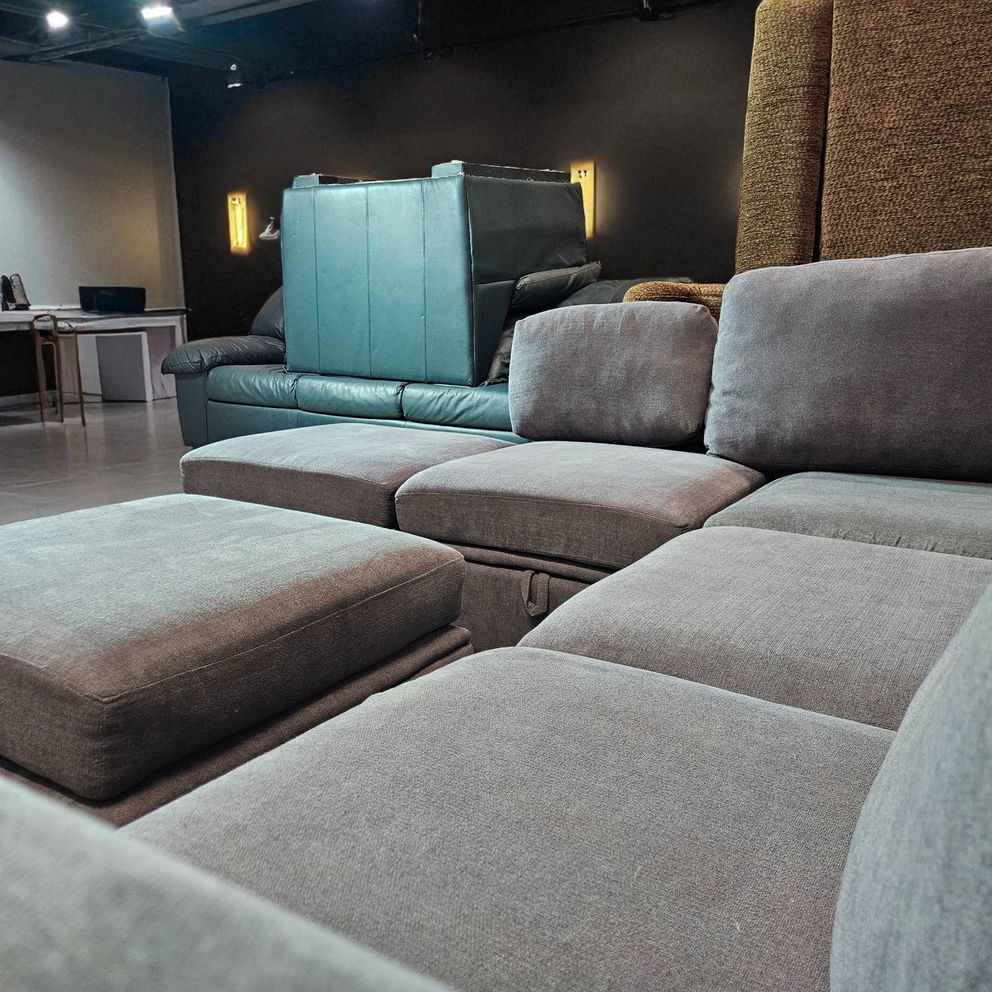 Blue/Gray Modular Sectional + 2 Storage Ottomans