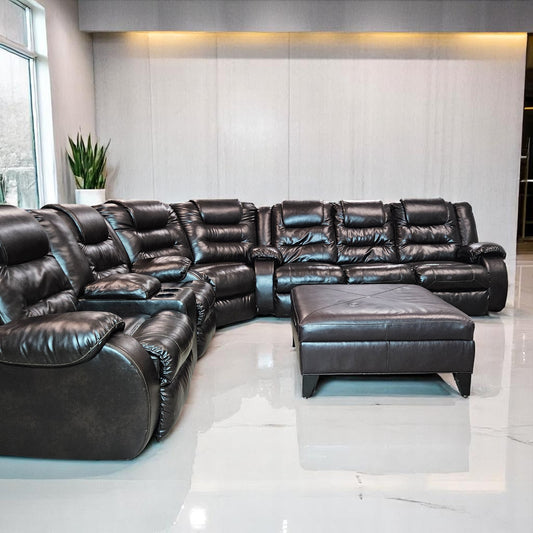 Black Leather Sectional + Ottoman