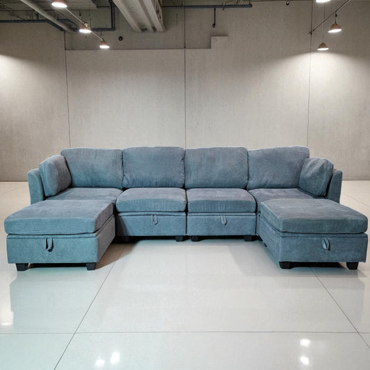 Blue/Gray Modular Sectional + 2 Storage Ottomans