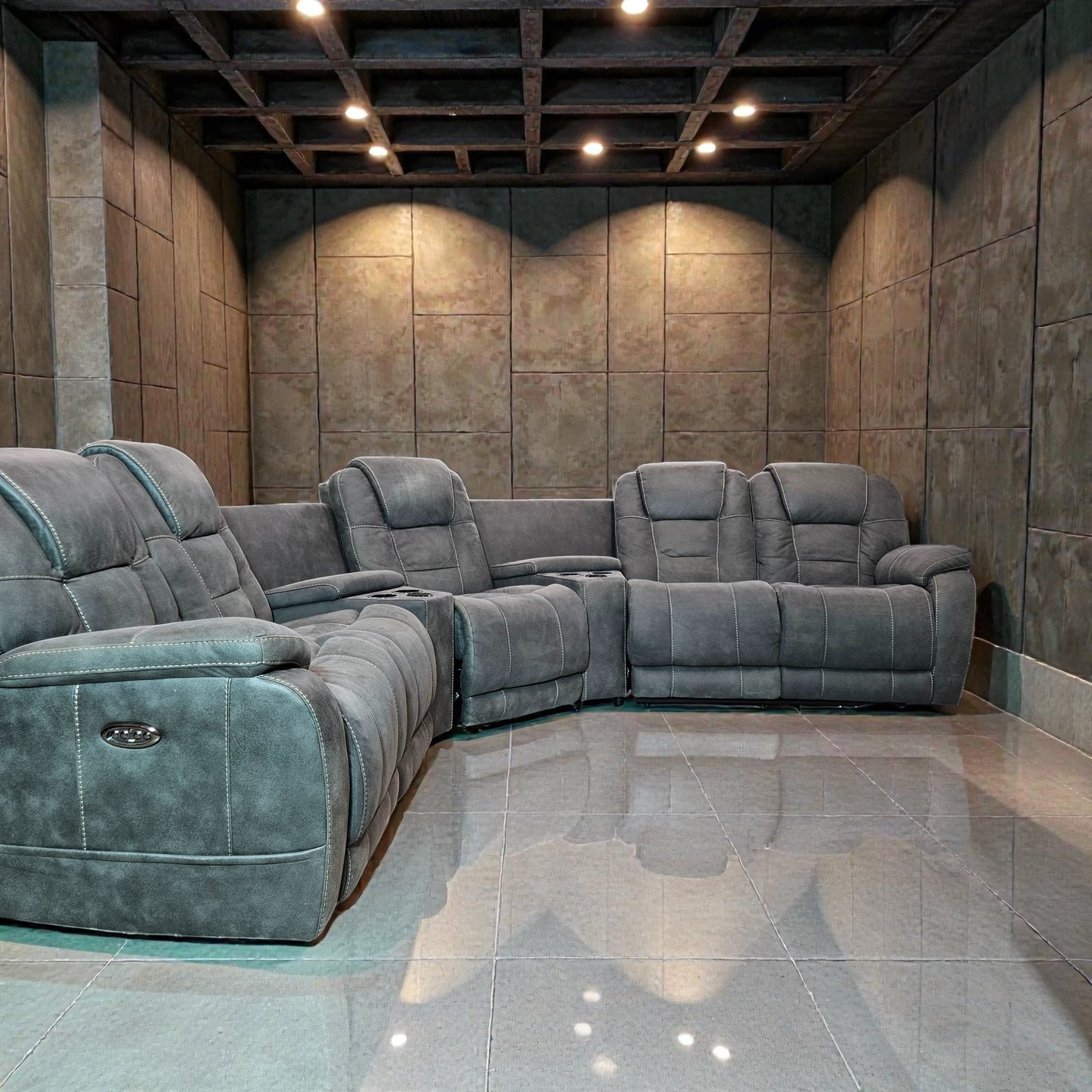 Triple Electric Recliner + 2 Wireless Phone Chargers + 2 USB Ports + Console Storage Fabric Gray