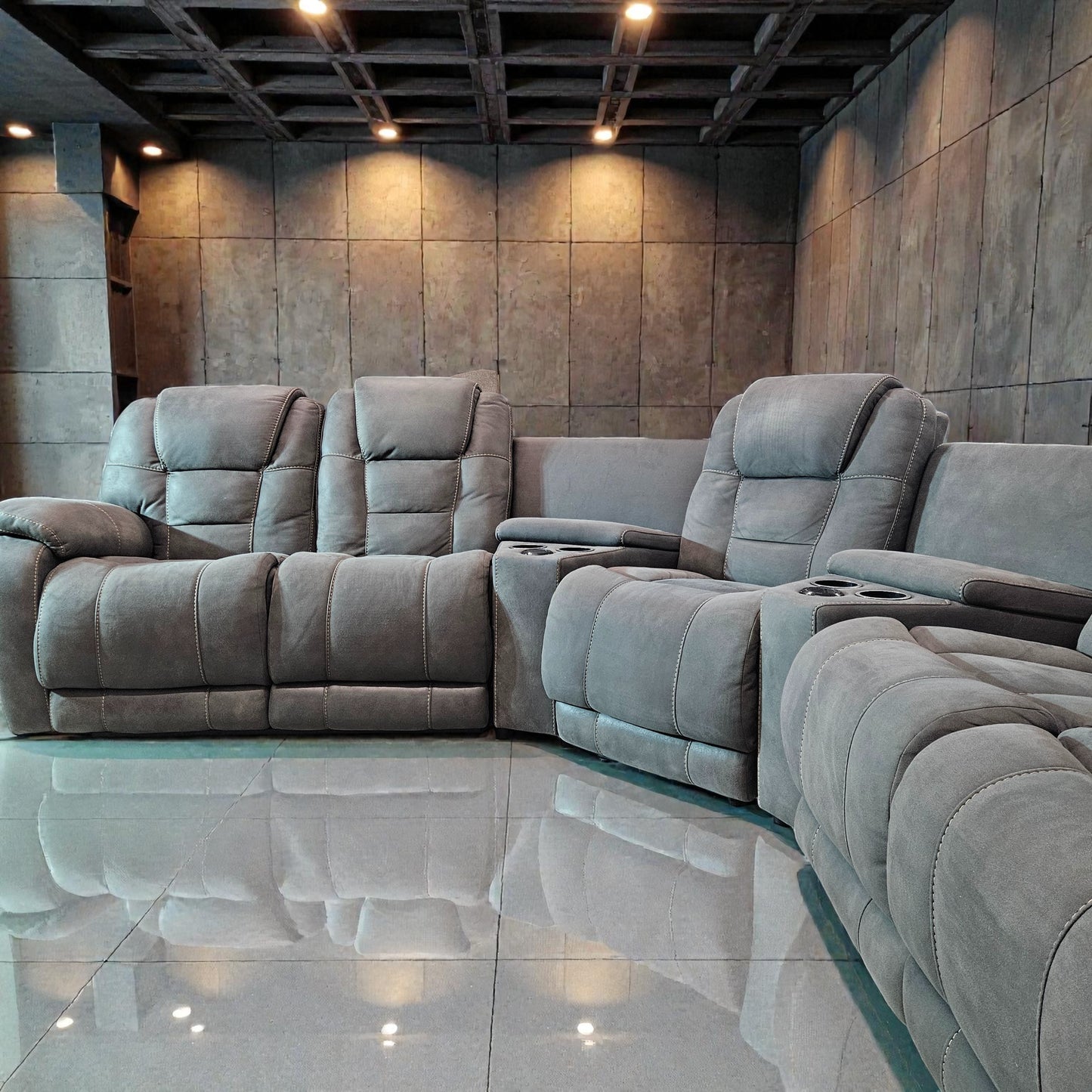 Triple Electric Recliner + 2 Wireless Phone Chargers + 2 USB Ports + Console Storage Fabric Gray