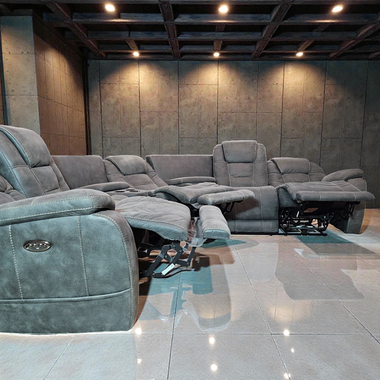 Triple Electric Recliner + 2 Wireless Phone Chargers + 2 USB Ports + Console Storage Fabric Gray