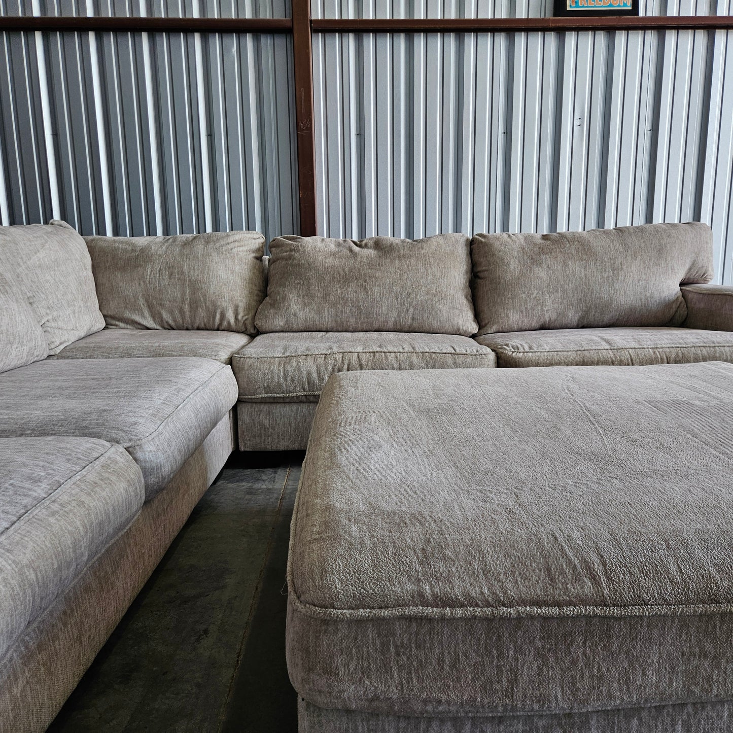 L Shape Sectional  Light Gray Fleece + Ottoman