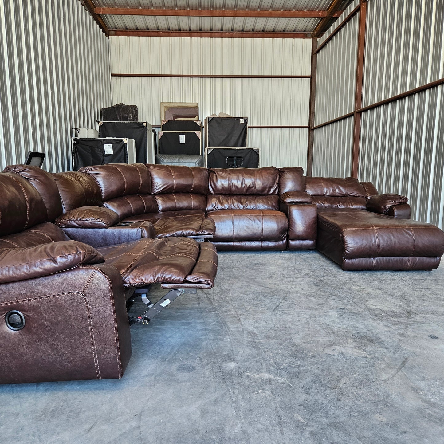 Triple Recliner U Chaise Sectional  Brown Leather