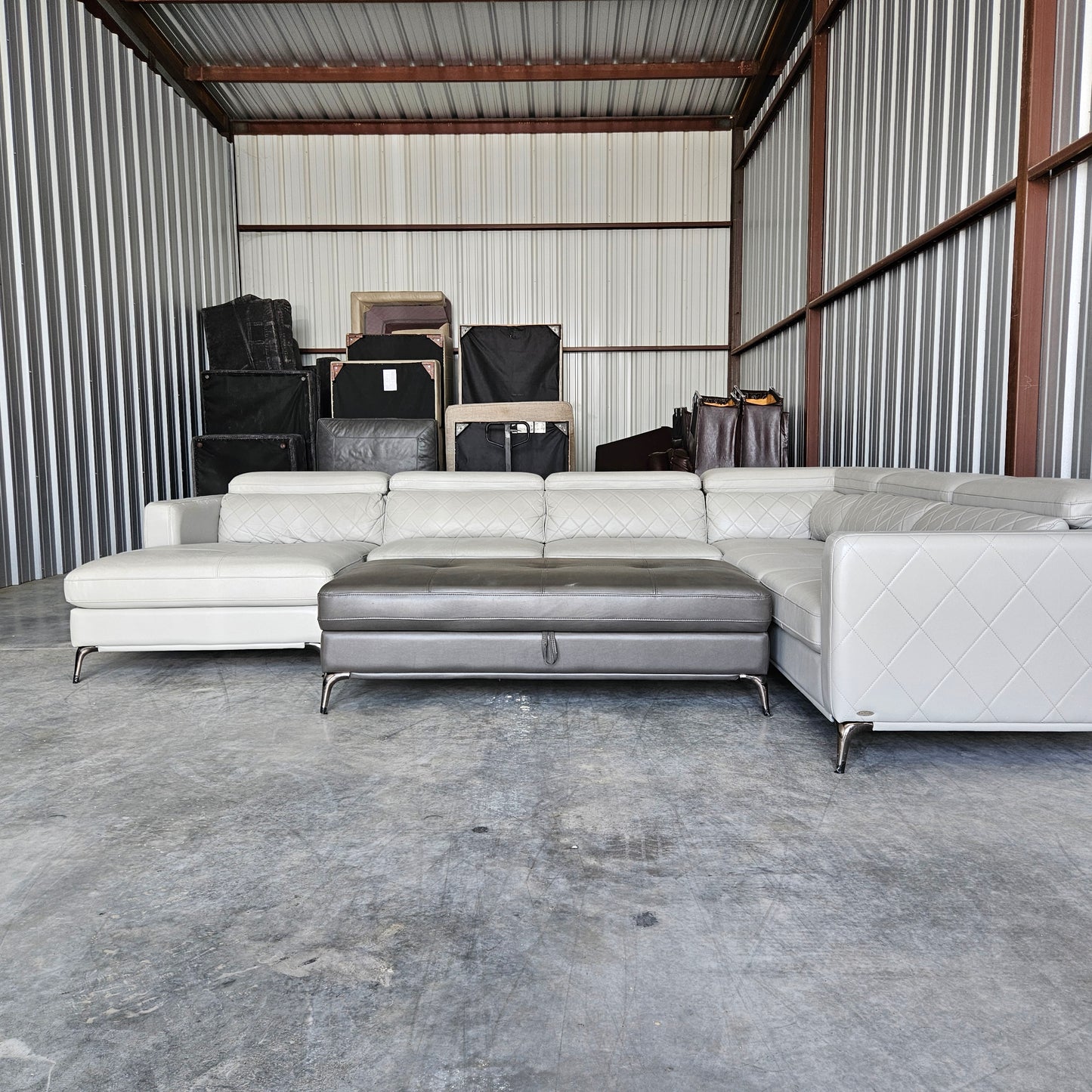 U Chaise Sectional  Light Gray Faux Leather + Storage Ottoman