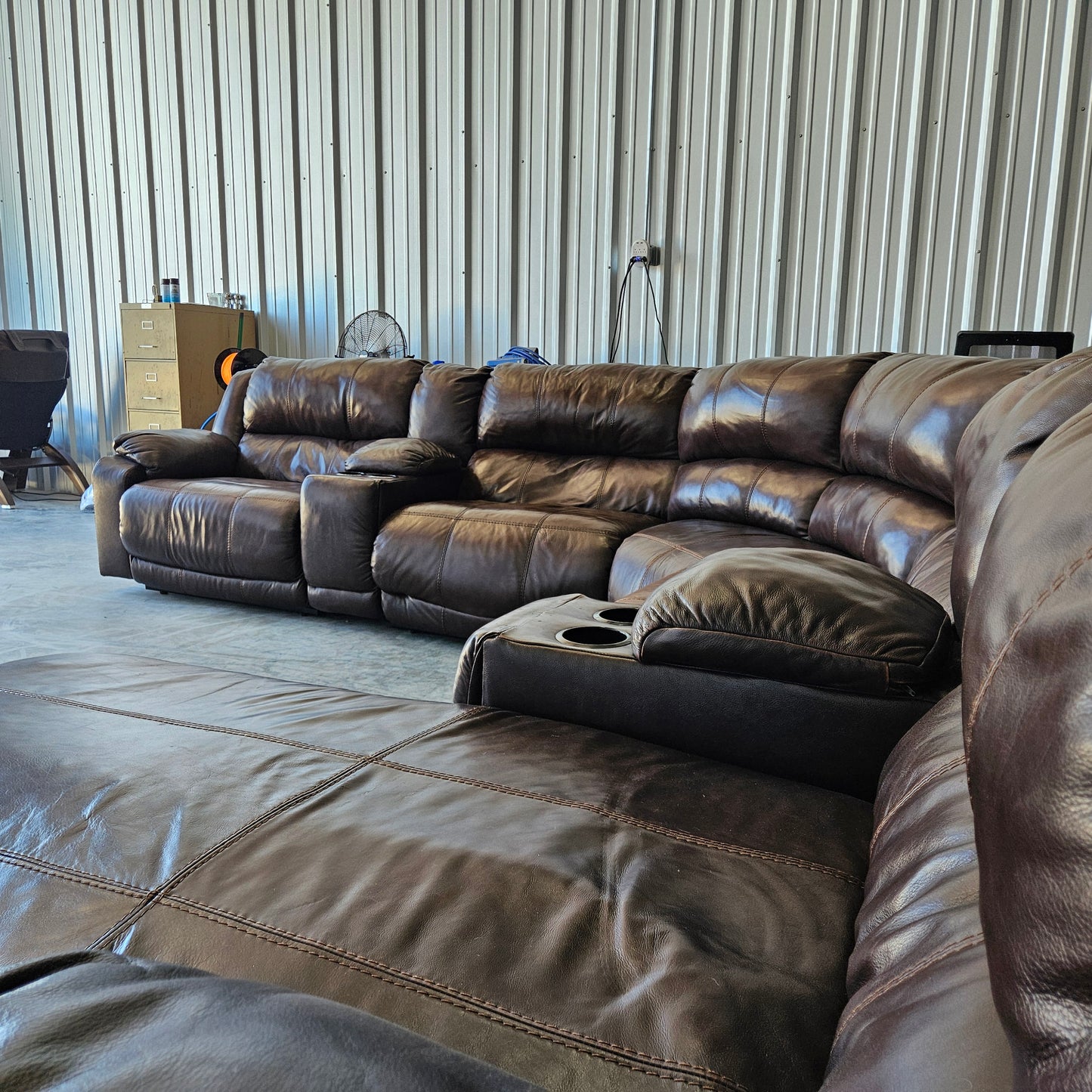 Triple Recliner U Chaise Sectional  Brown Leather