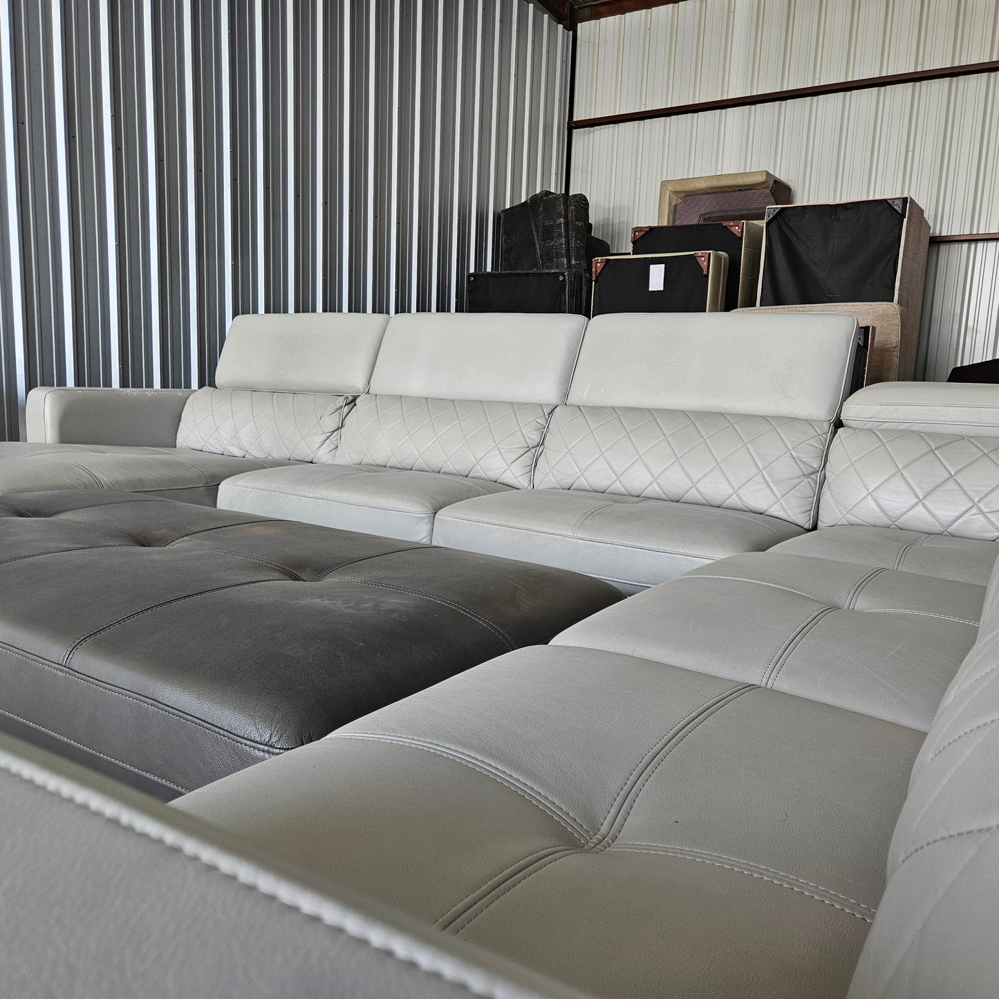 U Chaise Sectional  Light Gray Faux Leather + Storage Ottoman