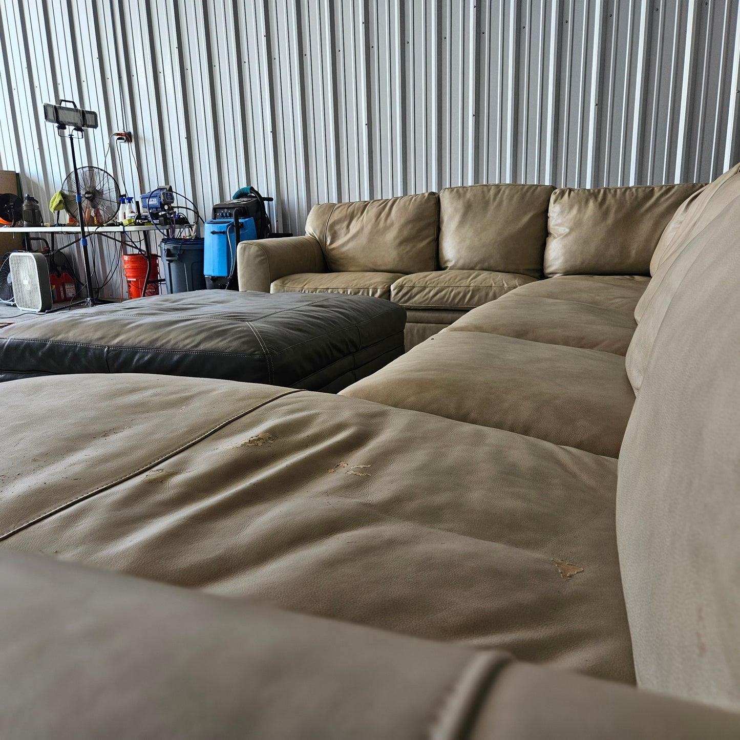 U Chaise Sectional Leather Light Beige + Ottoman Luxury for sale!