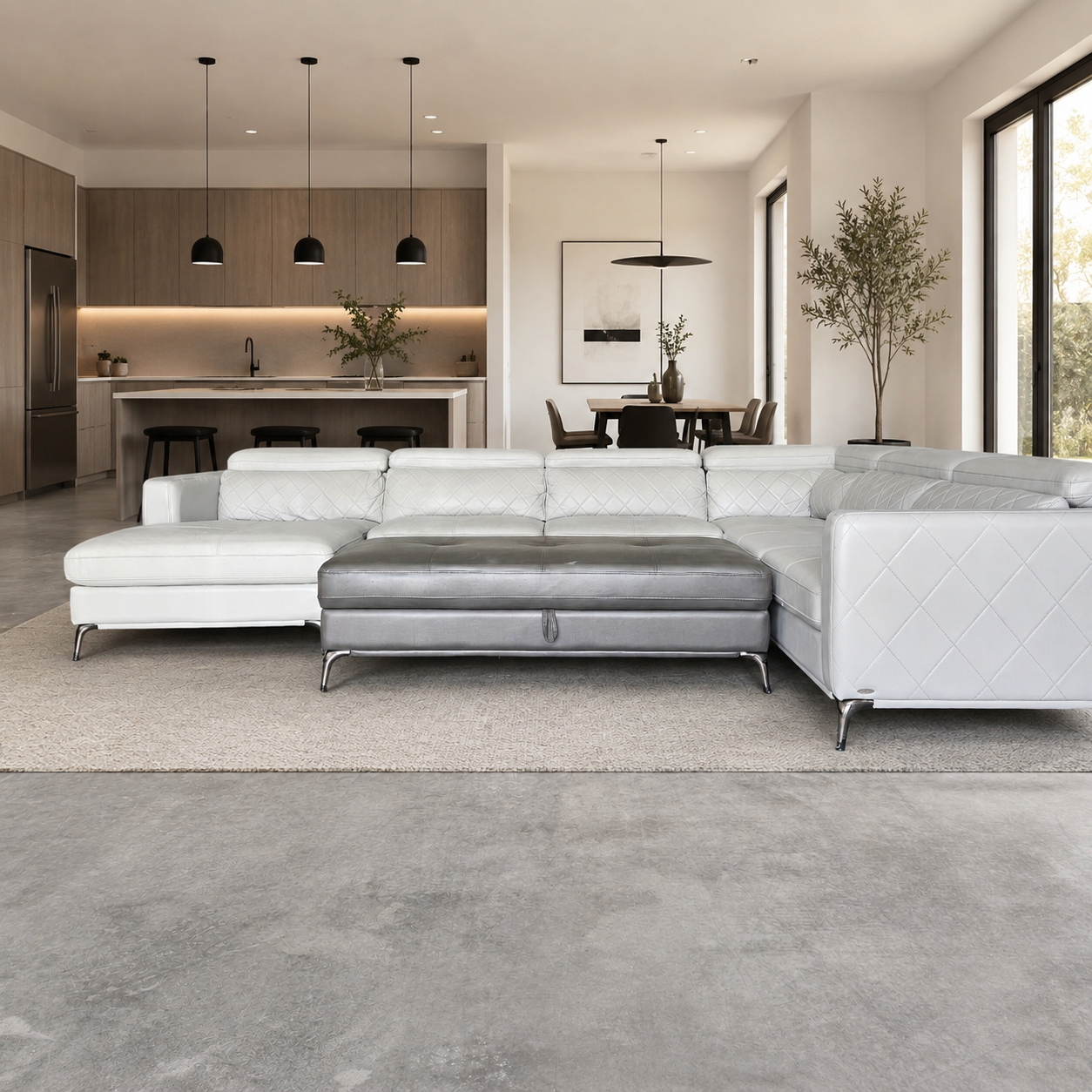 U Chaise Sectional  Light Gray Faux Leather + Storage Ottoman