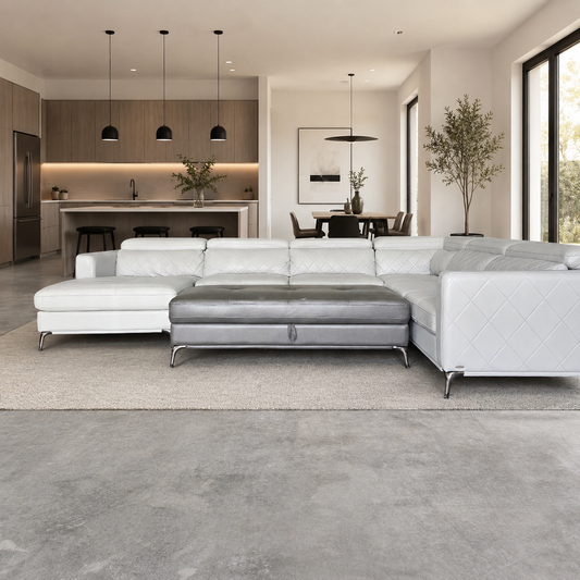 U Chaise Sectional  Light Gray Faux Leather + Storage Ottoman