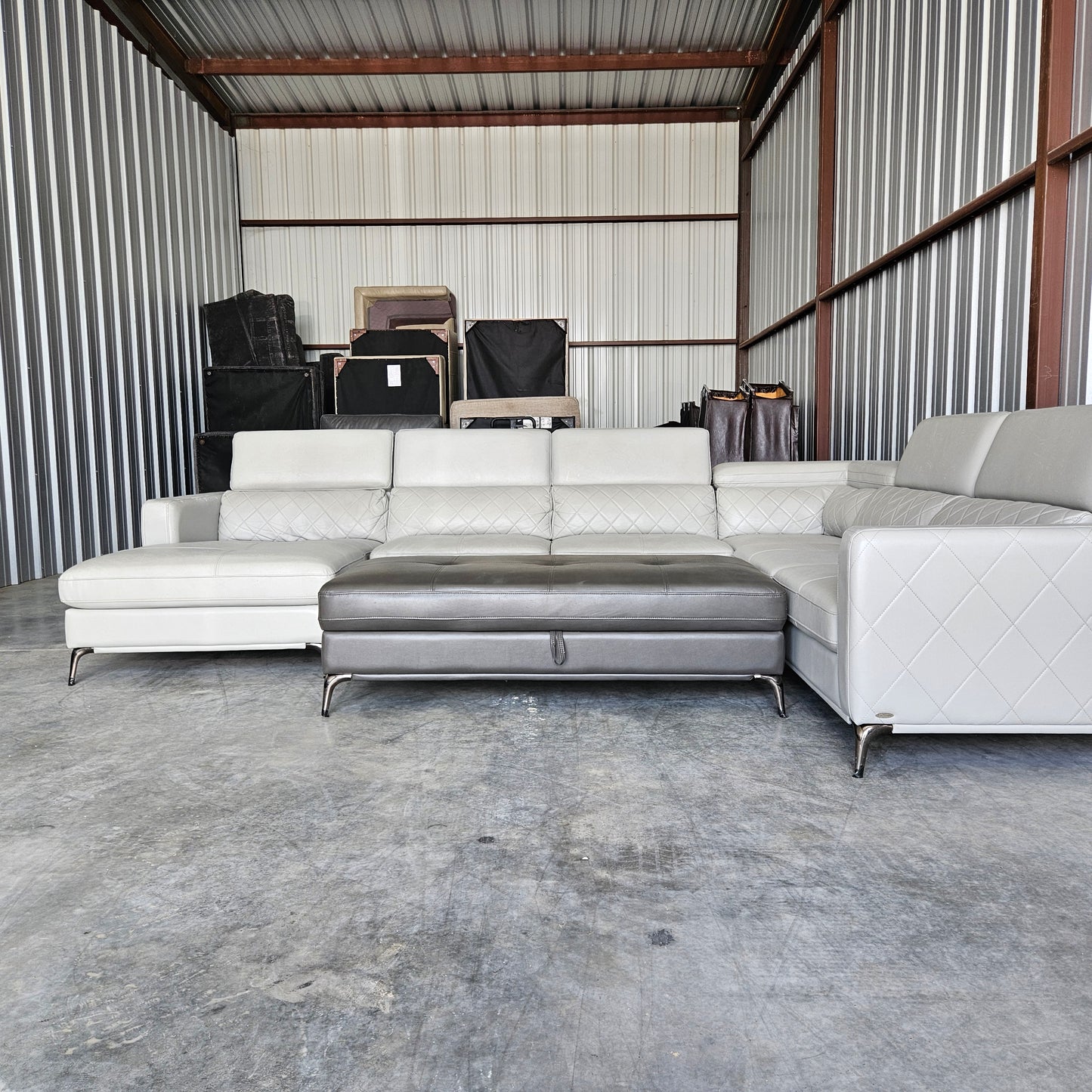 U Chaise Sectional  Light Gray Faux Leather + Storage Ottoman