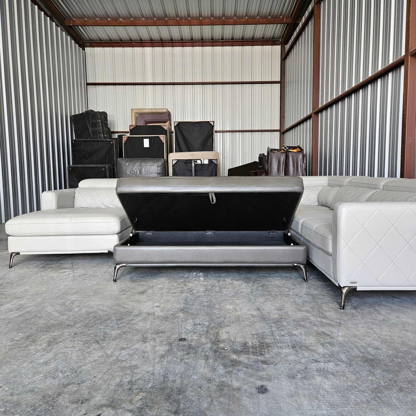 U Chaise Sectional  Light Gray Faux Leather + Storage Ottoman