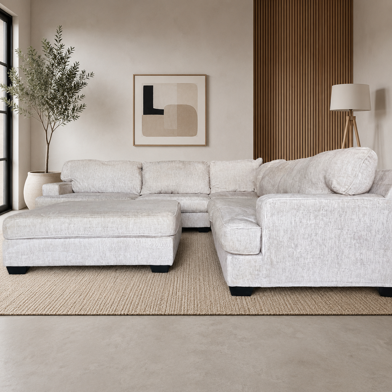 L Shape Sectional  Light Gray Fleece + Ottoman