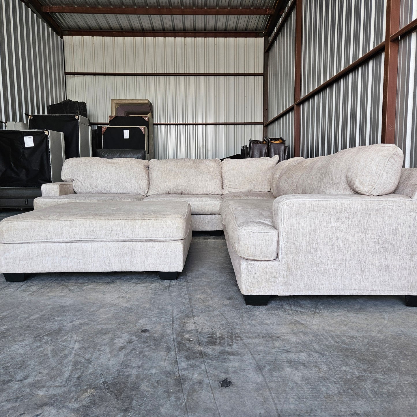 L Shape Sectional  Light Gray Fleece + Ottoman