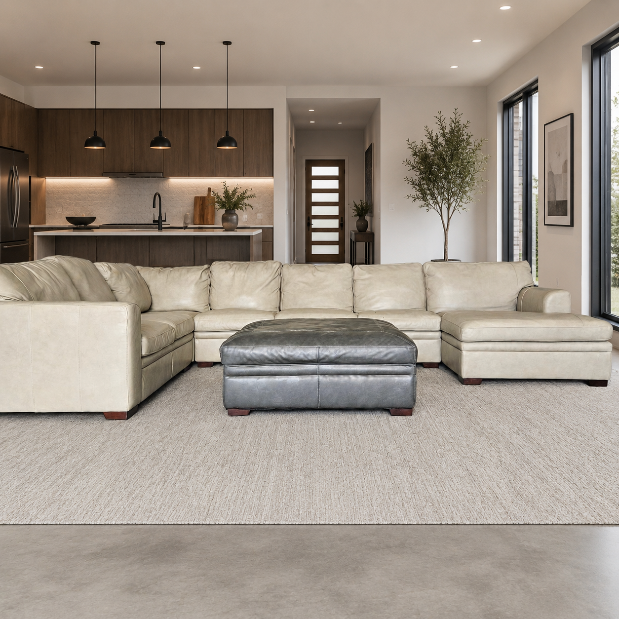 U Chaise Sectional Leather Light Beige + Ottoman Luxury for sale!