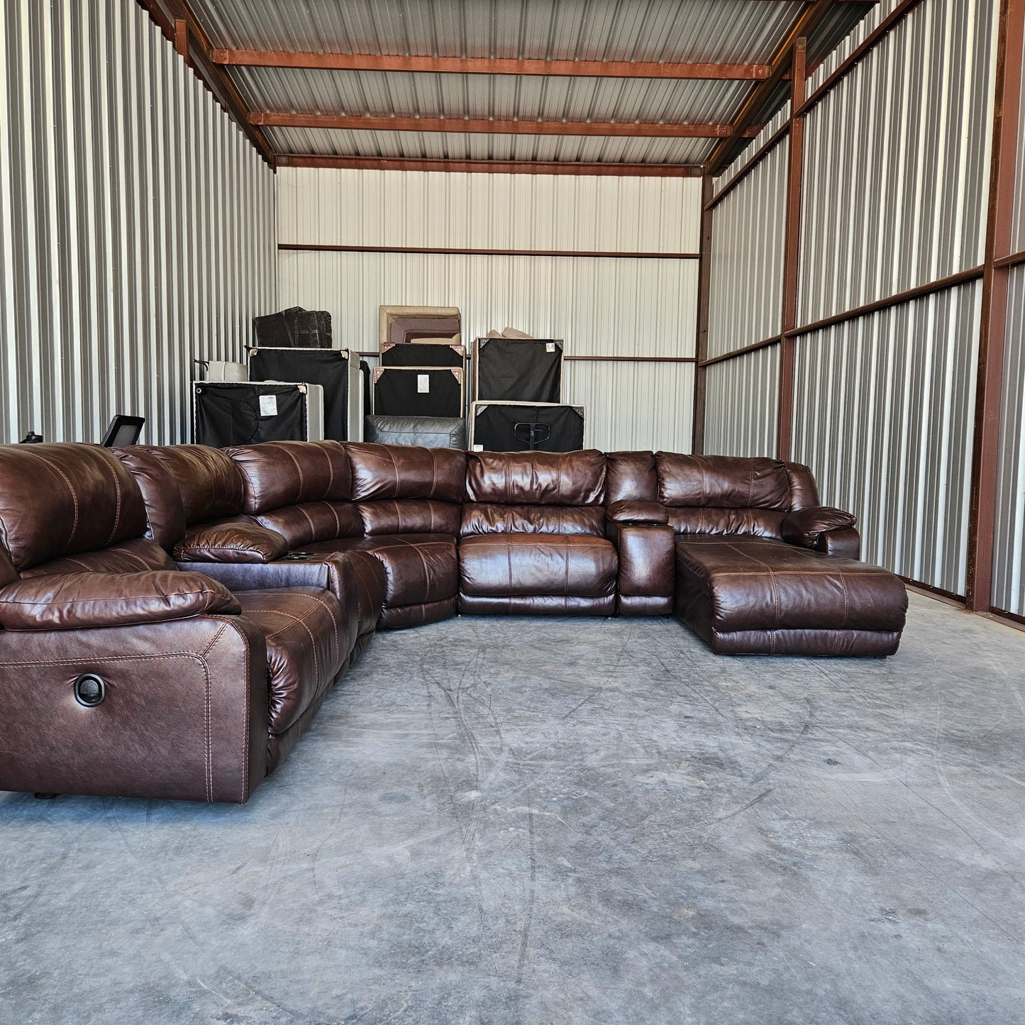 Triple Recliner U Chaise Sectional  Brown Leather