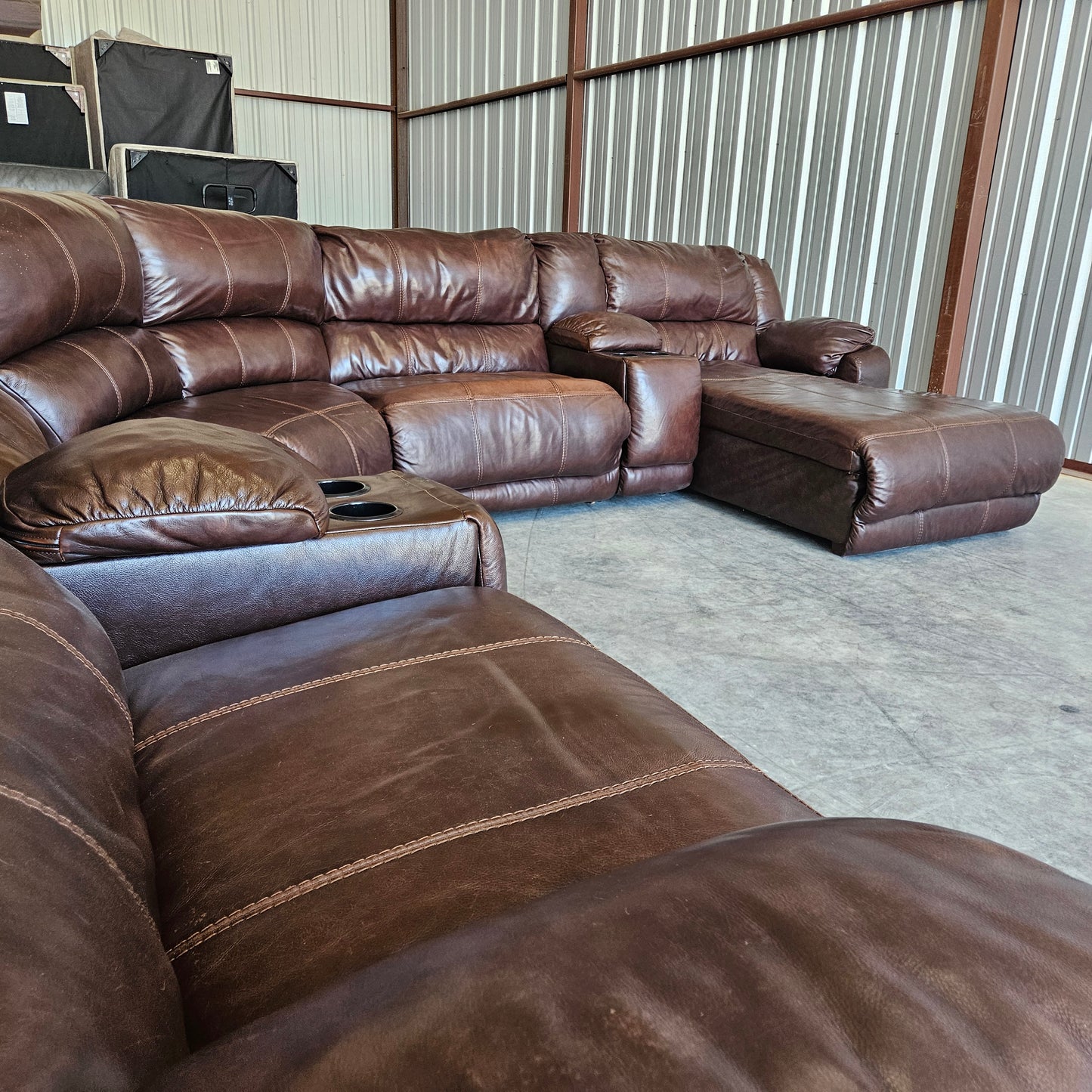 Triple Recliner U Chaise Sectional  Brown Leather
