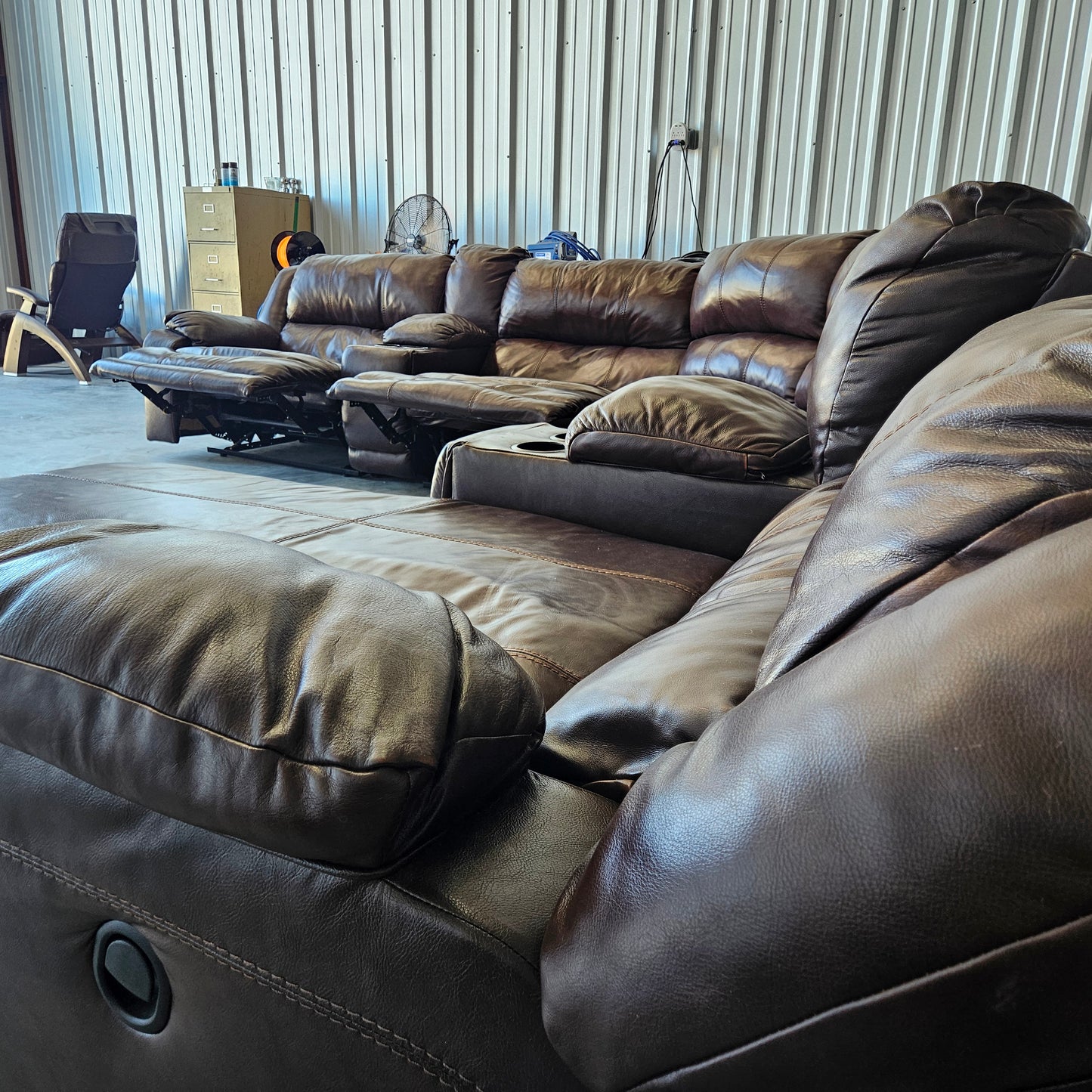 Triple Recliner U Chaise Sectional  Brown Leather